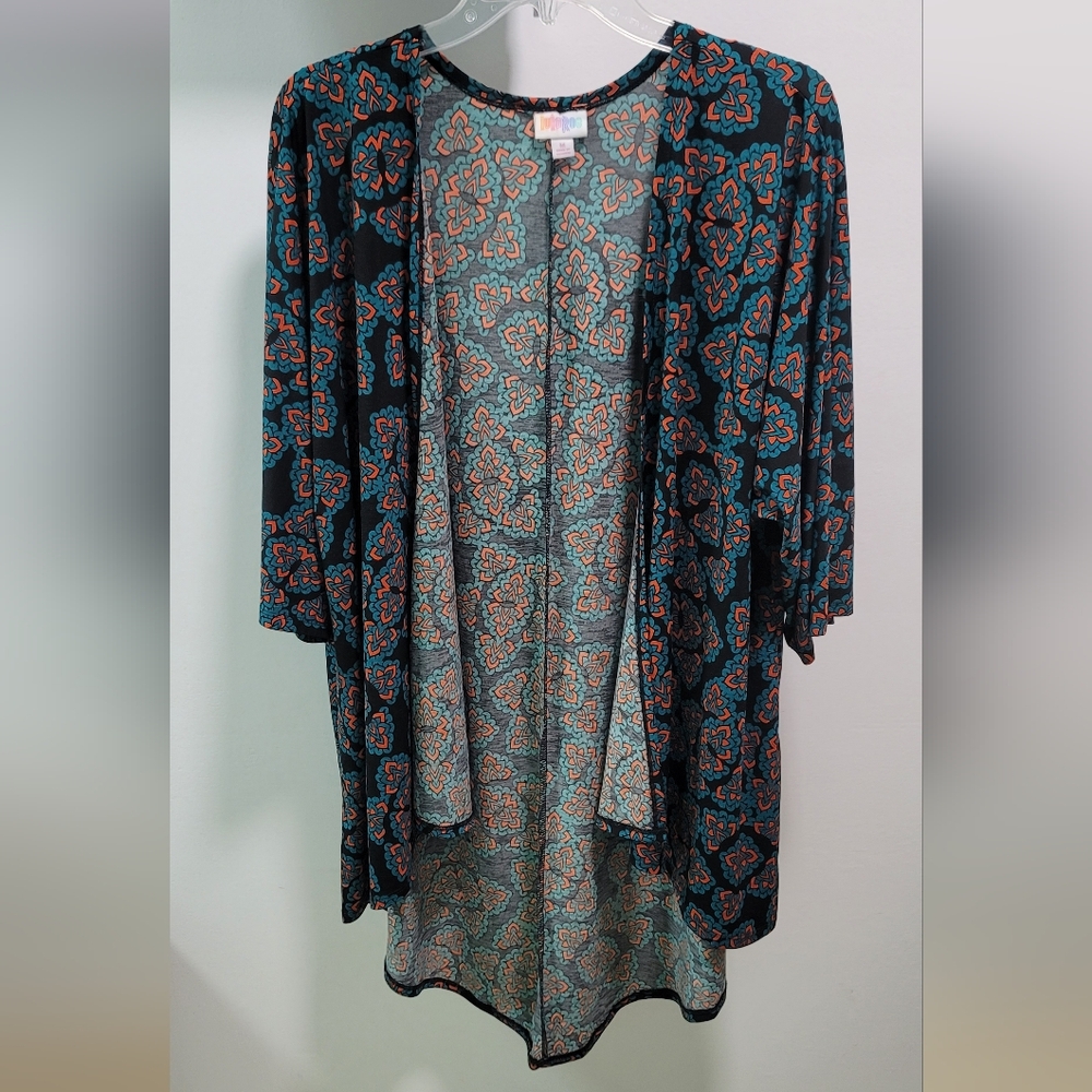 Lularoe "Shirley" Kimono - Black/Orange/Teal (M)